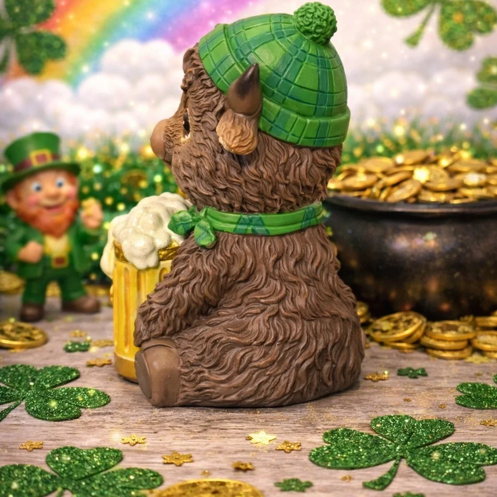 St. Patrick's Day Brown Bison Figurine with Green Hat and Gold Mug